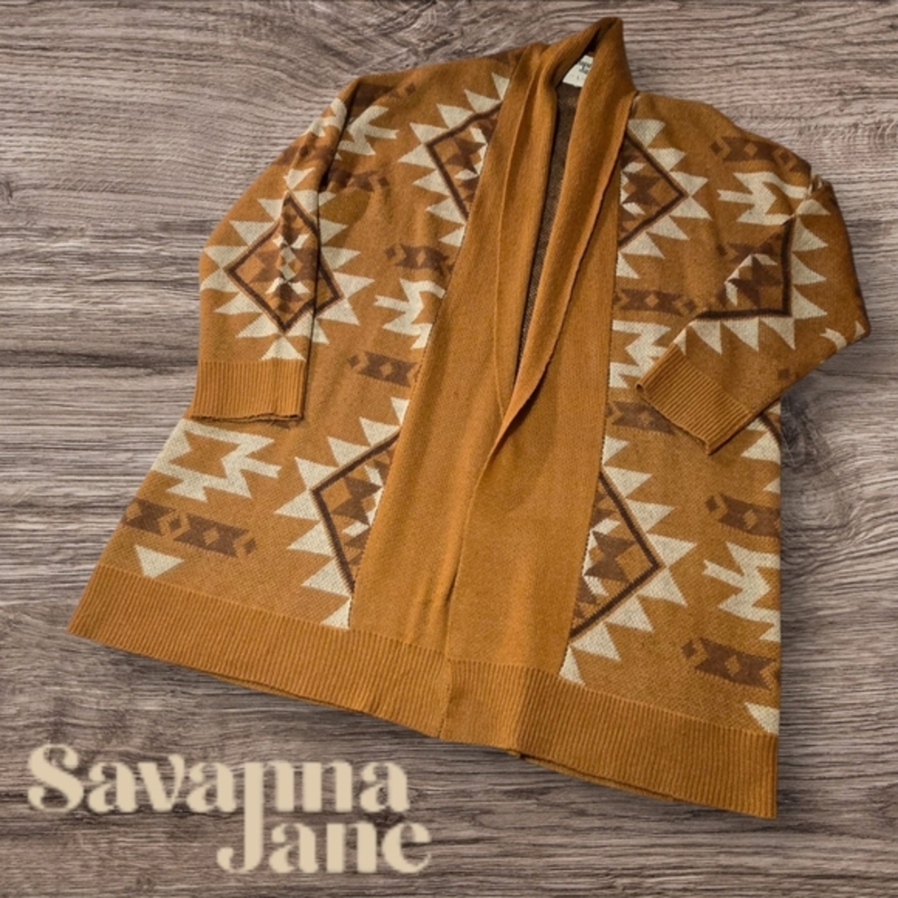 Savanna Jane Aztec‎ Geometric Knit Open Front Cardigan Western Camel L REPAIRED